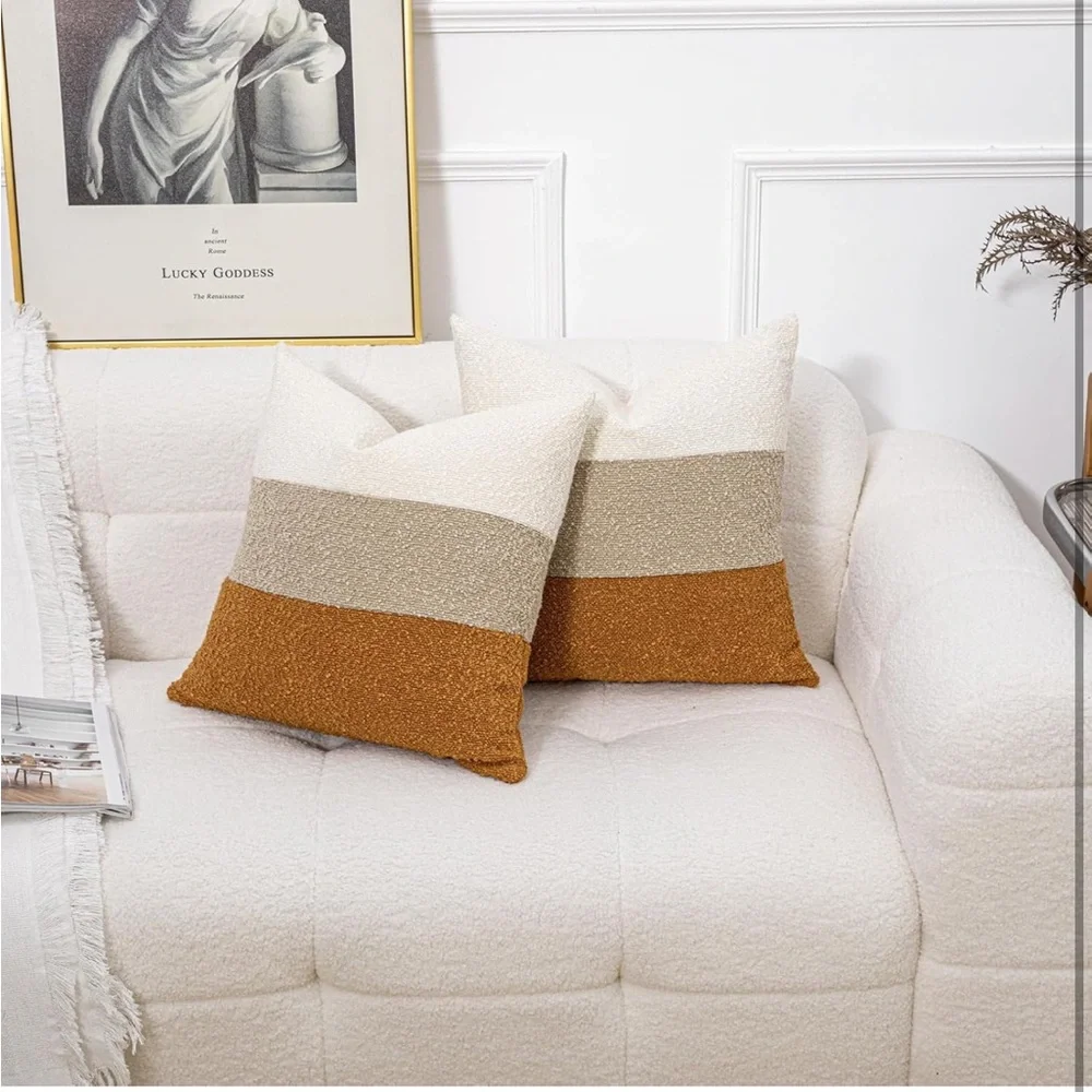 Vuty Decorative Textured Boucle Pillow Covers 20 X 20, Cream/Khaki/Orange Brown